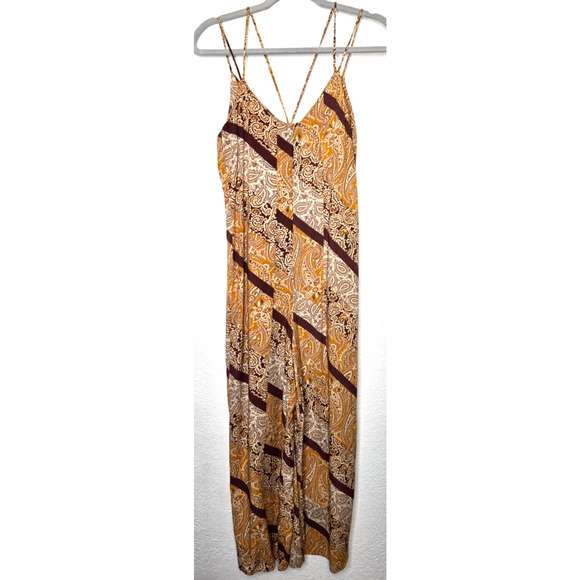 Womens Strappy Jumpsuit 6 Gold Brown V Neck Wide Leg Paisley Boho Flowy Indie - Picture 1 of 12